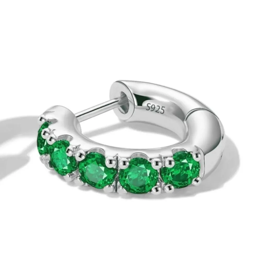14K White Gold 925 Sterling Silver Emerald Green Cubic Zirconia Huggie Earrings